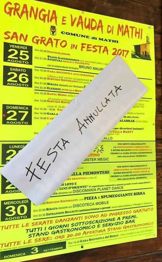 San Grato alla Grangia di Mathi, annullata la festa