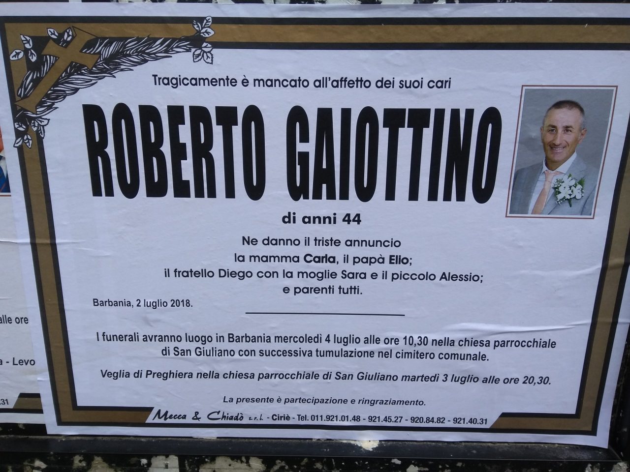 Funerale imprenditore assassinato in Colombia domani a Barbania
