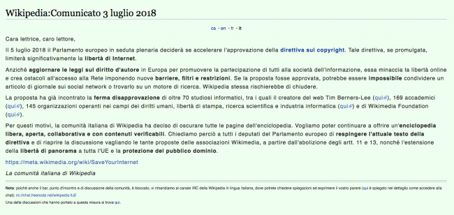 Wikipedia Italia bloccata per protesta contro la legge sul Copyright