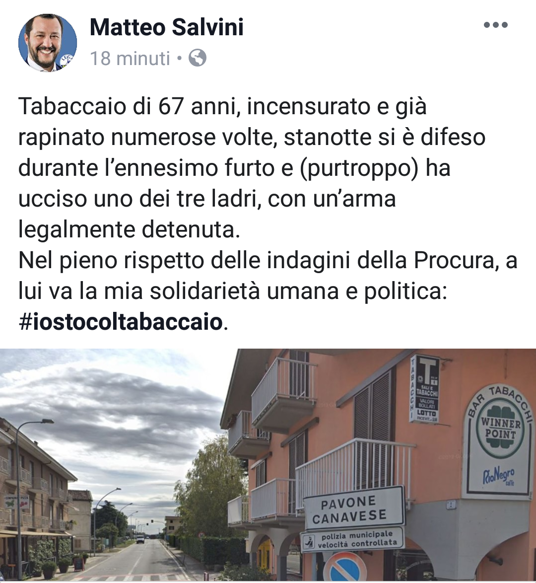 Matteo Salvini sulla sparatoria a Ivrea: “Io sto col tabaccaio”