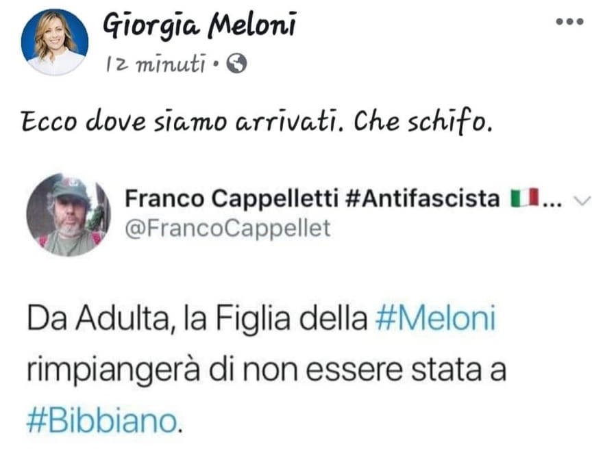 Insulti alla Meloni chiamando in causa sua figlia. Tweet shock del comico eporediese Cappelletti