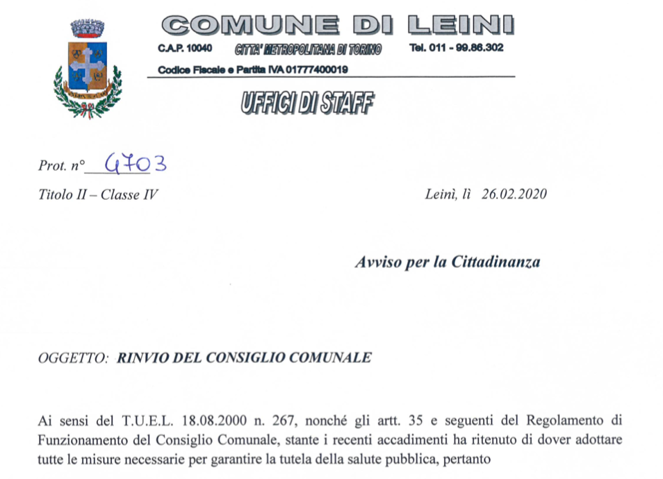 Coronavirus blocca il consiglio comunale