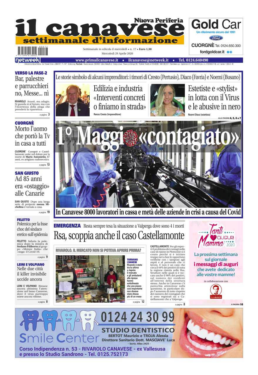 Il Canavese – edizione Rivarolo (del 29 aprile) in edicola. Ecco la prima pagina