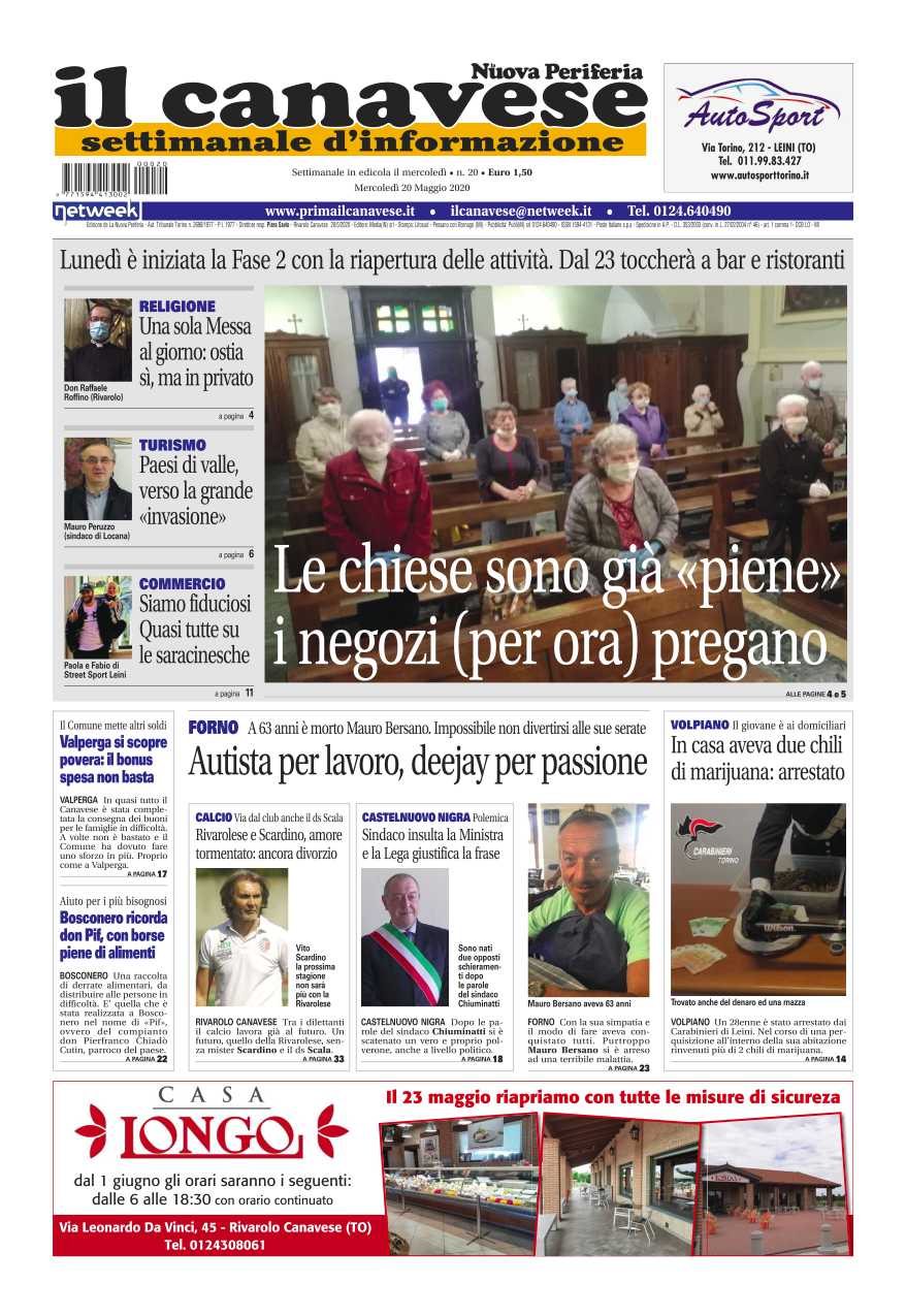 Il Canavese – edizione Rivarolo (del 20 maggio) in edicola. Ecco la prima pagina