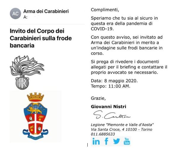 False mail dei carabinieri, attenzione al tentativo di truffa