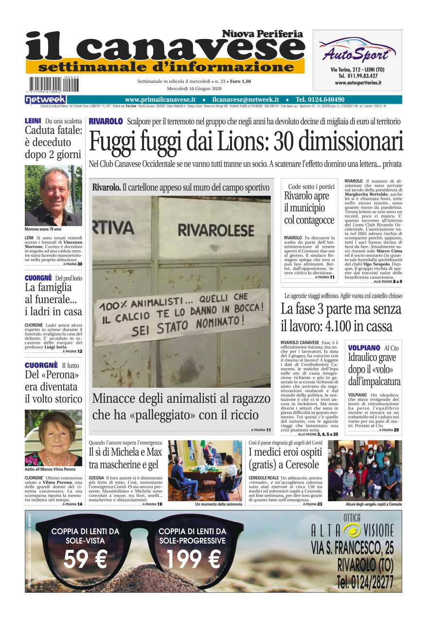 Il Canavese – edizione Rivarolo (del 10 giugno) in edicola. Ecco la prima pagina