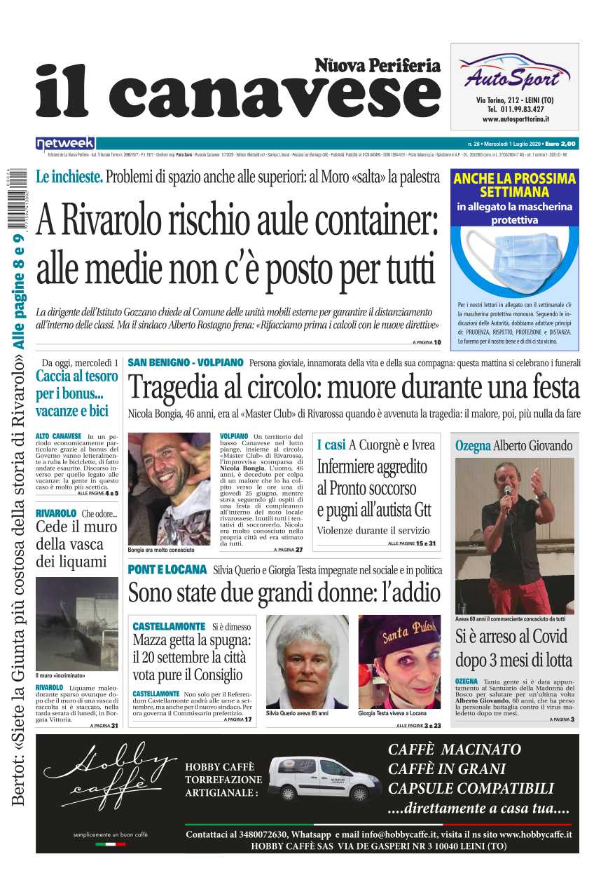Il Canavese – edizione Rivarolo (del 01 luglio) in edicola. Ecco la prima pagina