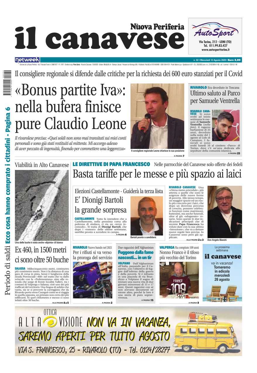 Il Canavese – edizione Rivarolo (del 12 agosto) in edicola. Ecco la prima pagina