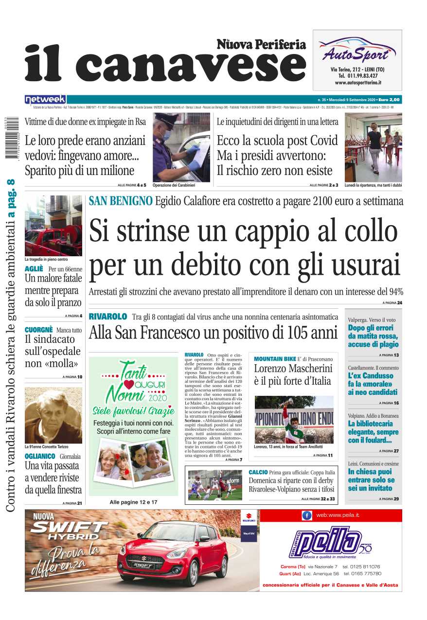Il Canavese – edizione Rivarolo (del 09 settembre) in edicola. Ecco la prima pagina