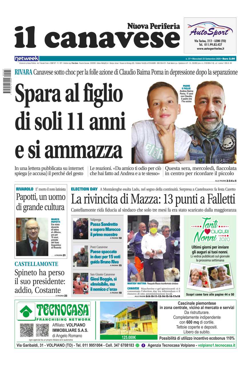 Il Canavese – edizione Rivarolo (del 23 settembre) in edicola. Ecco la prima pagina