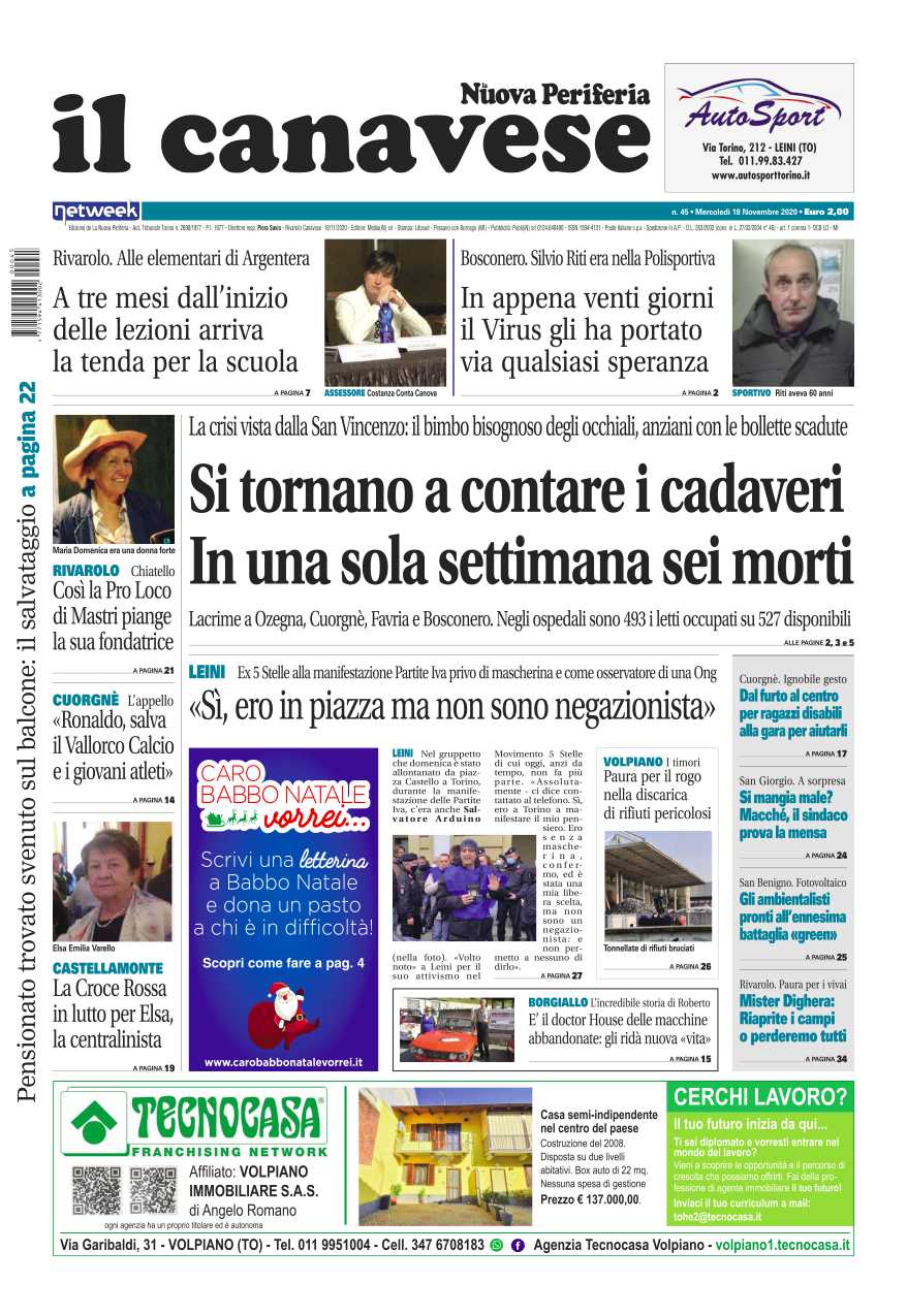 Il Canavese – edizione Rivarolo (dell’18 novembre) in edicola. Ecco la prima pagina