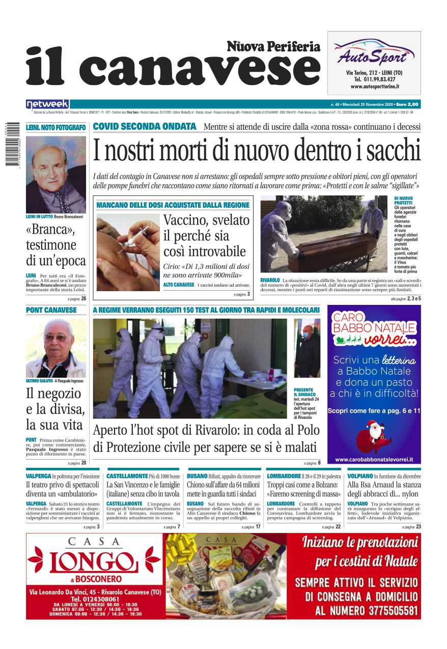 Il Canavese – edizione Rivarolo (del 25 novembre) in edicola. Ecco la prima pagina