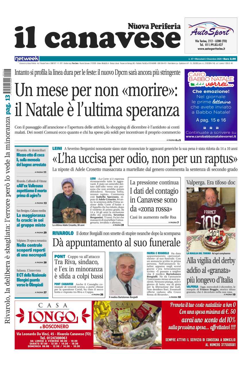 Il Canavese – edizione Rivarolo (del 02 dicembre) in edicola. Ecco la prima pagina