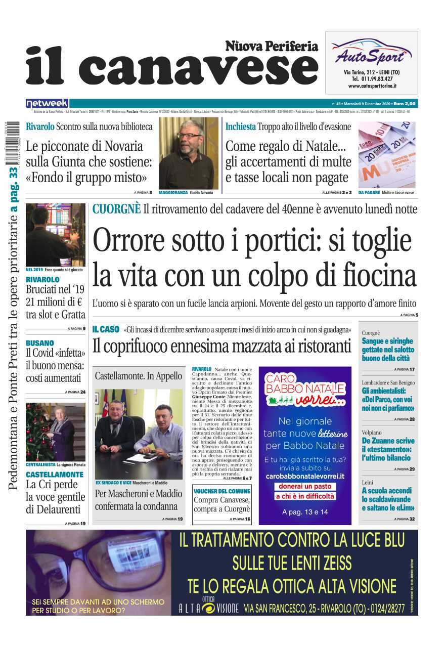 Il Canavese – edizione Rivarolo (del 09 dicembre) in edicola. Ecco la prima pagina