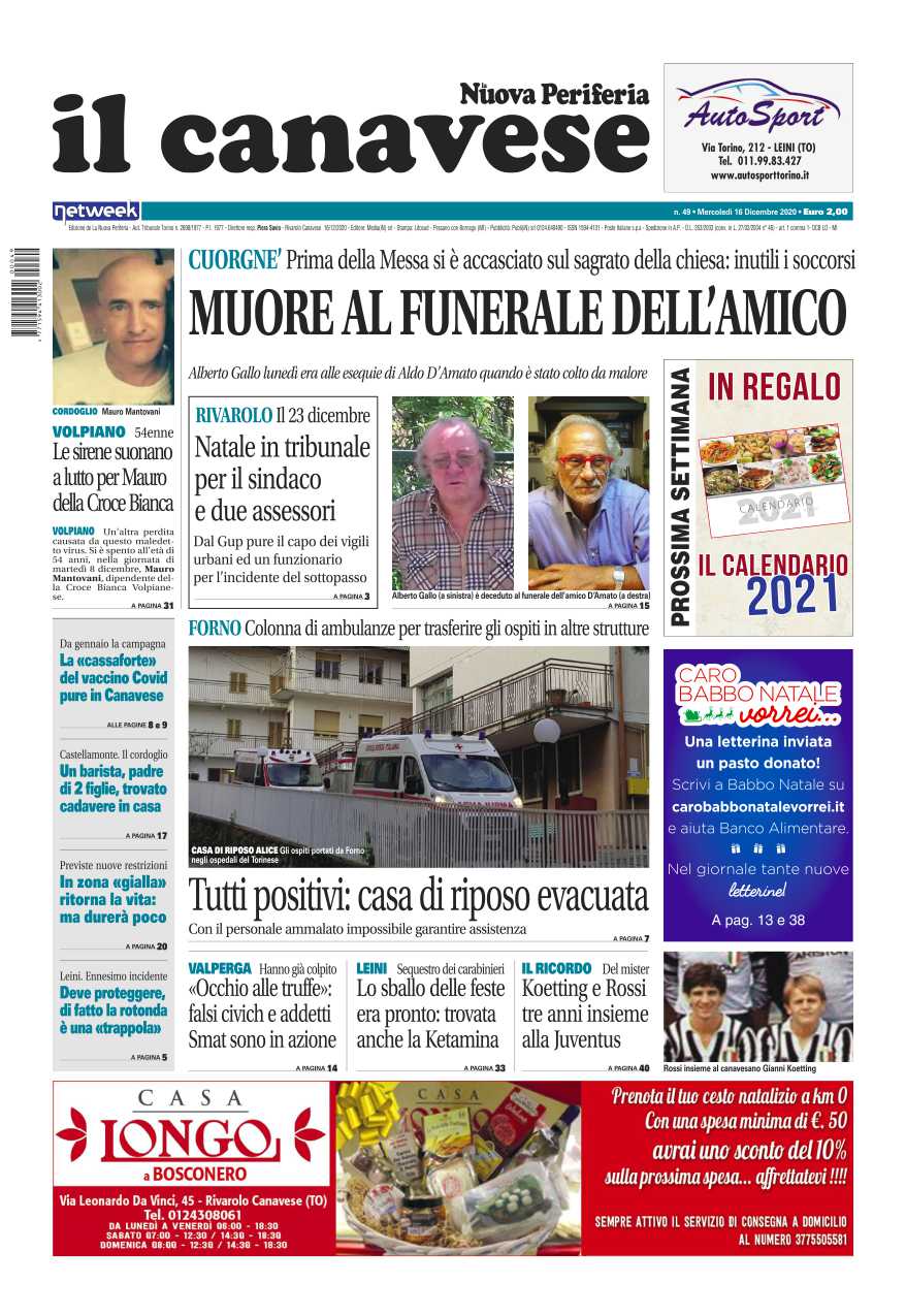 Il Canavese – edizione Rivarolo (del 16 dicembre) in edicola. Ecco la prima pagina