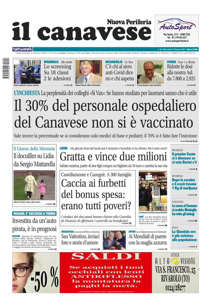 Il Canavese – edizione Rivarolo (del 27gennaio) in edicola. Ecco la prima pagina
