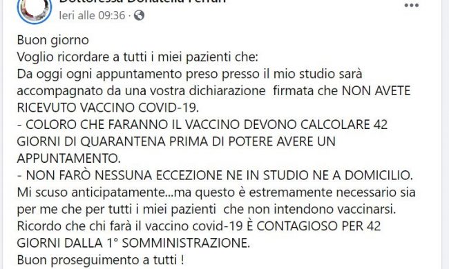 Naturopata novarese shock “Non ricevo chi fa il vaccino: siete contagiosi”