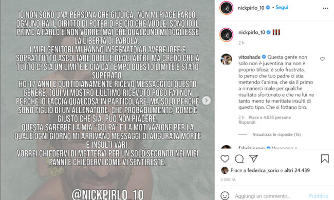 Sedicente tifoso della Juve augura la morte a Niccolò Pirlo, figlio di Andrea Pirlo
