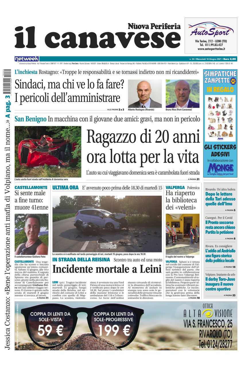 Il Canavese – edizione Rivarolo (del 16 giugno) in edicola. Ecco la prima pagina