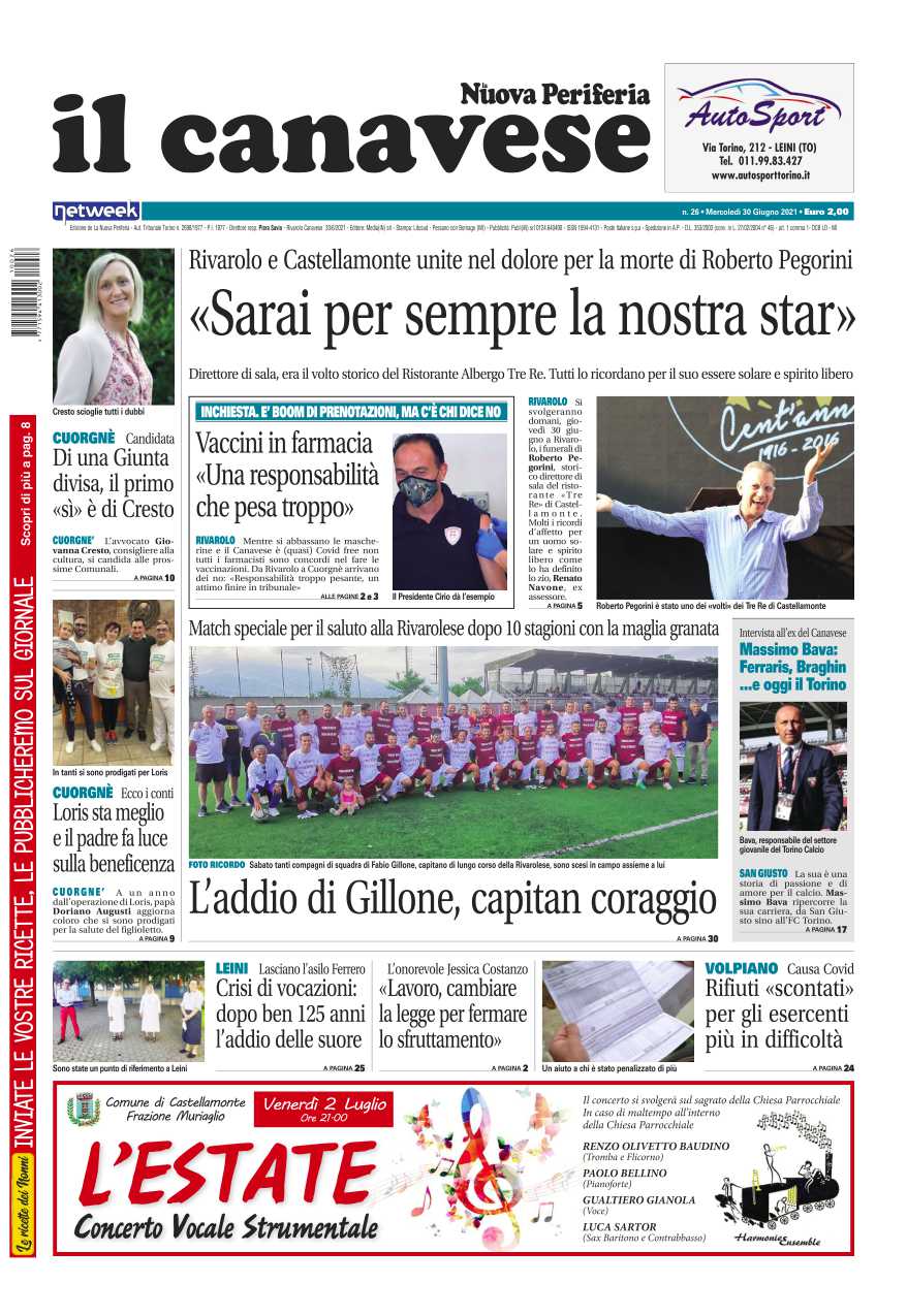 Il Canavese – edizione Rivarolo (del 30 giugno) in edicola. Ecco la prima pagina
