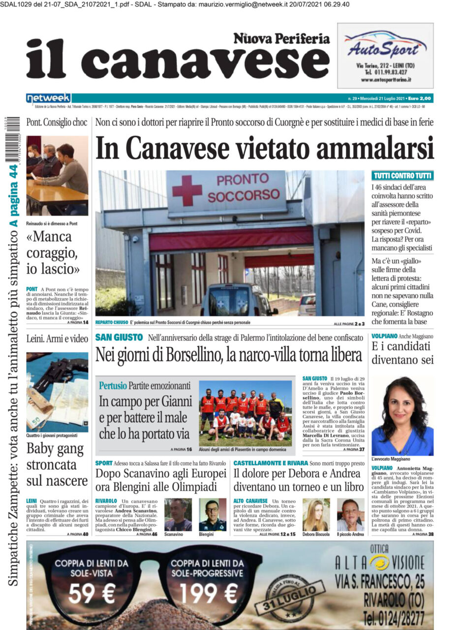 Il Canavese – edizione Rivarolo (del 21 luglio) in edicola. Ecco la prima pagina