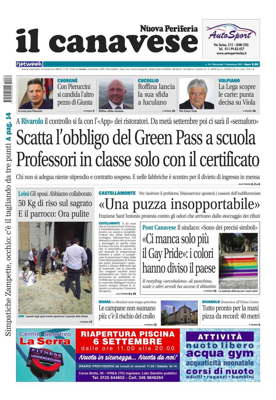Il Canavese – edizione Rivarolo (del 1 settembre) in edicola. Ecco la prima pagina