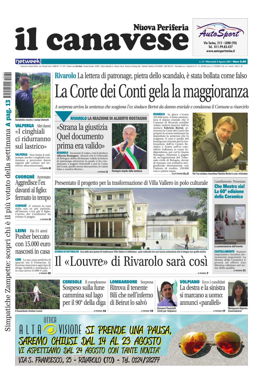 Il Canavese – edizione Rivarolo (del 04 agosto) in edicola. Ecco la prima pagina