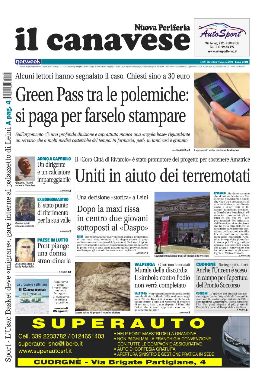 Il Canavese – edizione Rivarolo (del 11 agosto) in edicola. Ecco la prima pagina