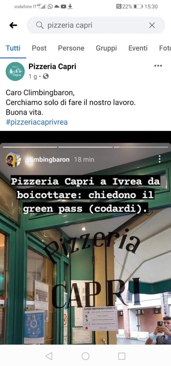 Pizzeria di Ivrea chiede il Green Pass, il cliente no-pass: “Da boicottare. Codardi”
