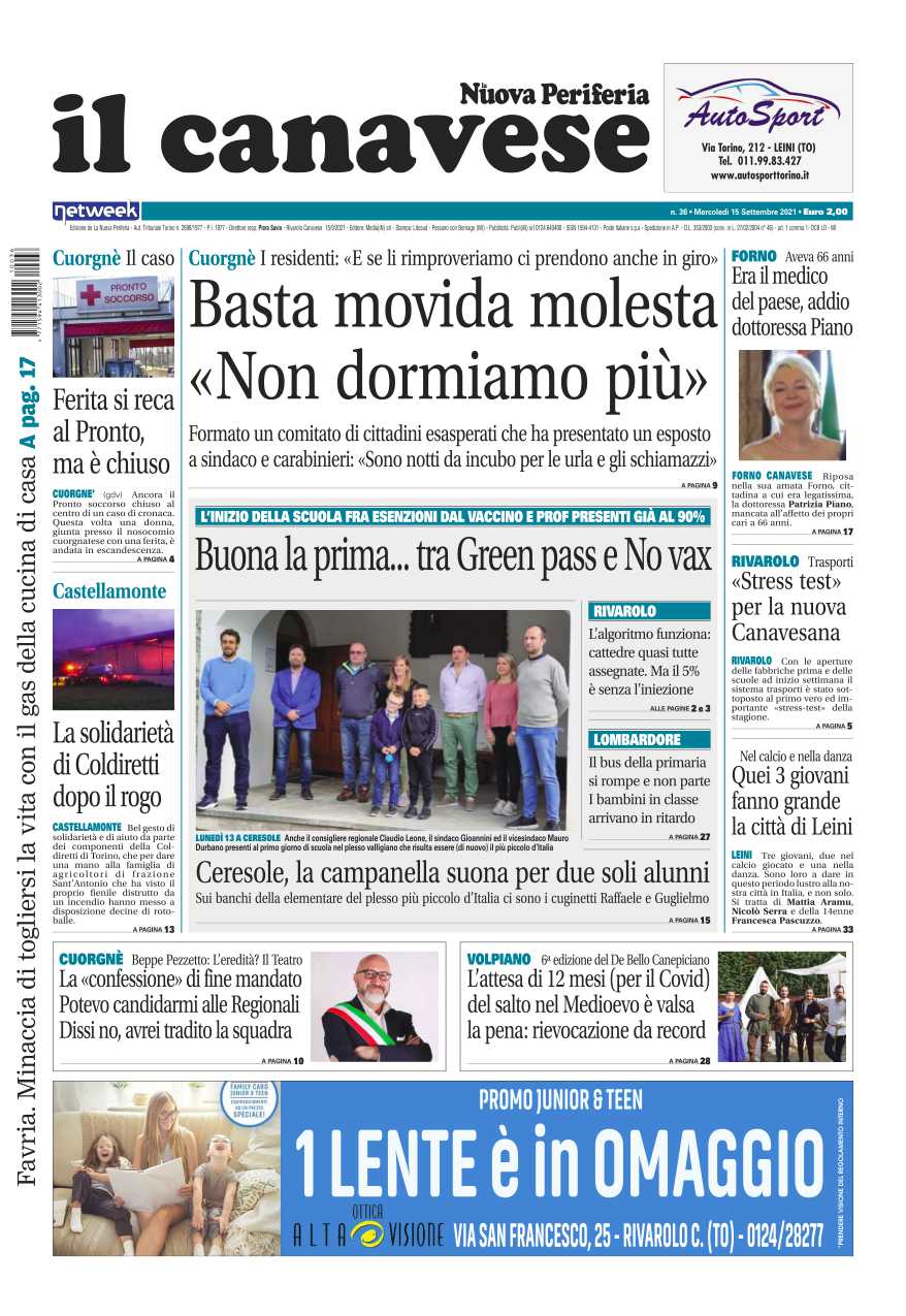 Il Canavese – edizione Rivarolo (del 15 settembre) in edicola. Ecco la prima pagina