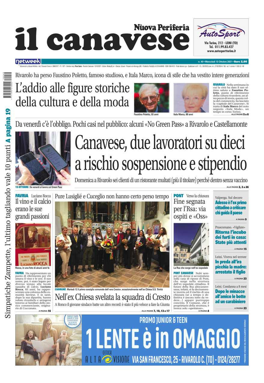 Il Canavese – edizione Rivarolo (del 13 ottobre) in edicola. Ecco la prima pagina