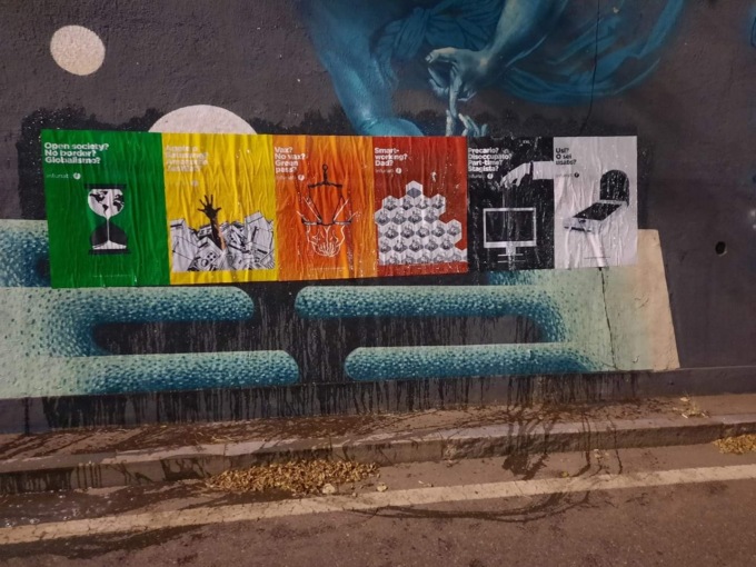 Manifesti del Blocco Studentesco contro il precariato sul lavoro e il consumismo sfrenato