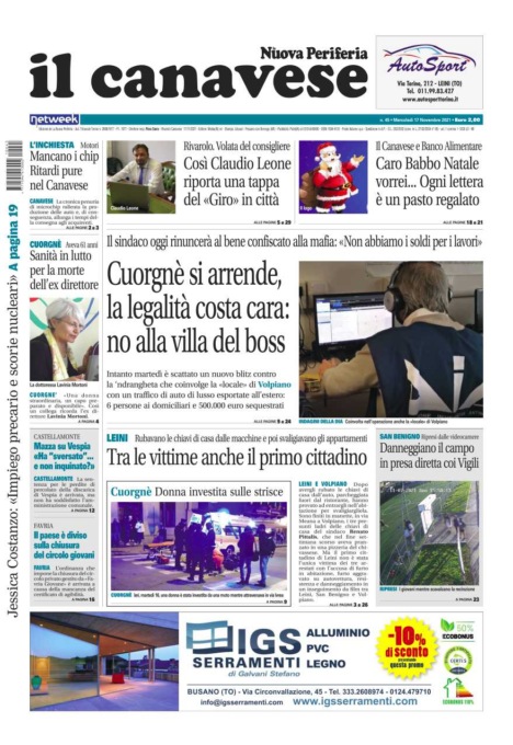 Il Canavese – edizione Rivarolo (del 17 novembre) in edicola. Ecco la prima pagina