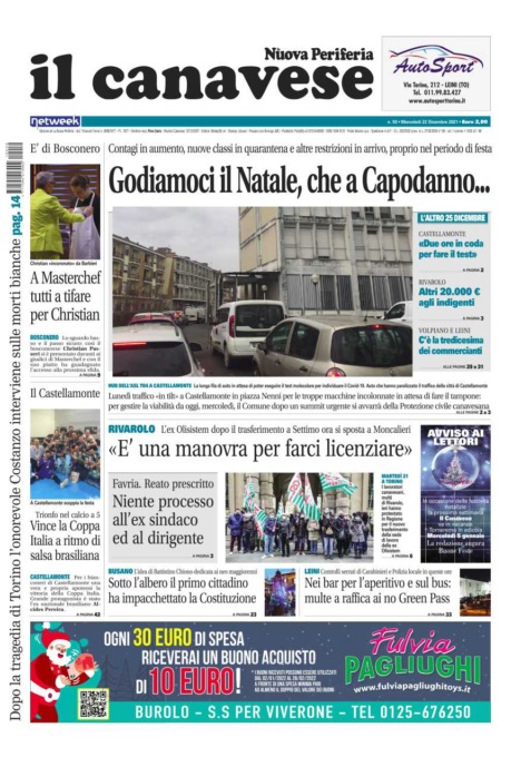 Il Canavese – edizione Rivarolo (del 22 dicembre) in edicola. Ecco la prima pagina