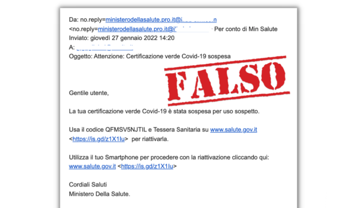 “Attenzione: Certificazione verde Covid-19 sospesa”, ma è una truffa