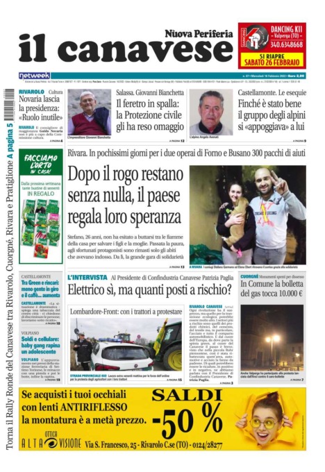 Il Canavese – edizione Rivarolo (del 16 febbraio) in edicola. Ecco la prima pagina