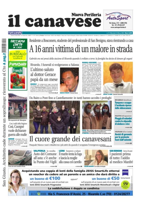 Il Canavese – edizione Rivarolo (del 16 marzo) in edicola. Ecco la prima pagina