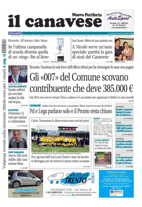 Il Canavese – edizione Rivarolo (dell’08 giugno) in edicola. Ecco la prima pagina