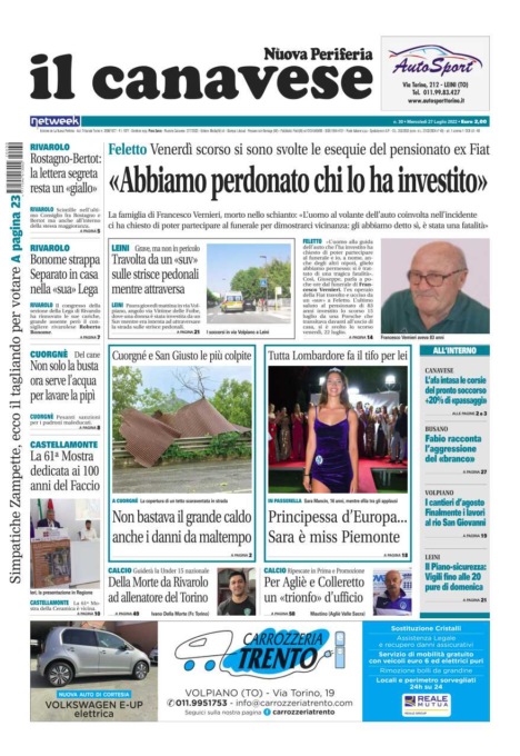 Il Canavese – edizione Rivarolo (del 27 luglio) in edicola. Ecco la prima pagina
