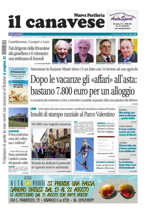 Il Canavese – edizione Rivarolo (del 3 agosto) in edicola. Ecco la prima pagina