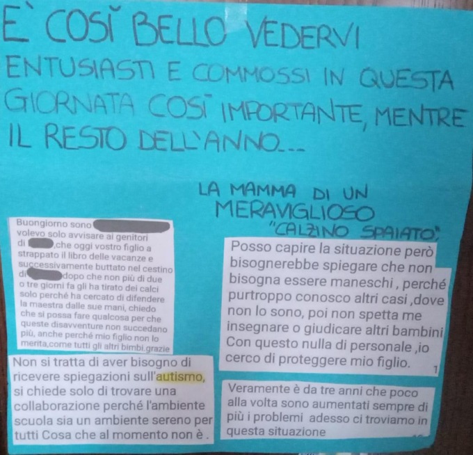 La mamma di un bambino Asperger: «Mio figlio è un calzino spaiato tutto l’anno», ma il cartello viene rimosso