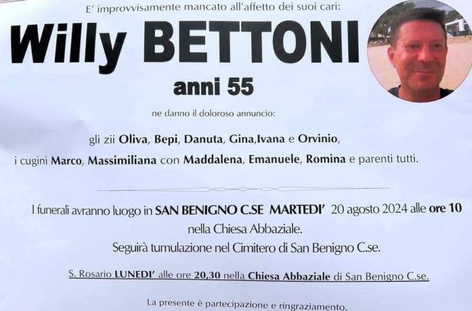 San Benigno piange Willy Bettoni, aveva 55 anni