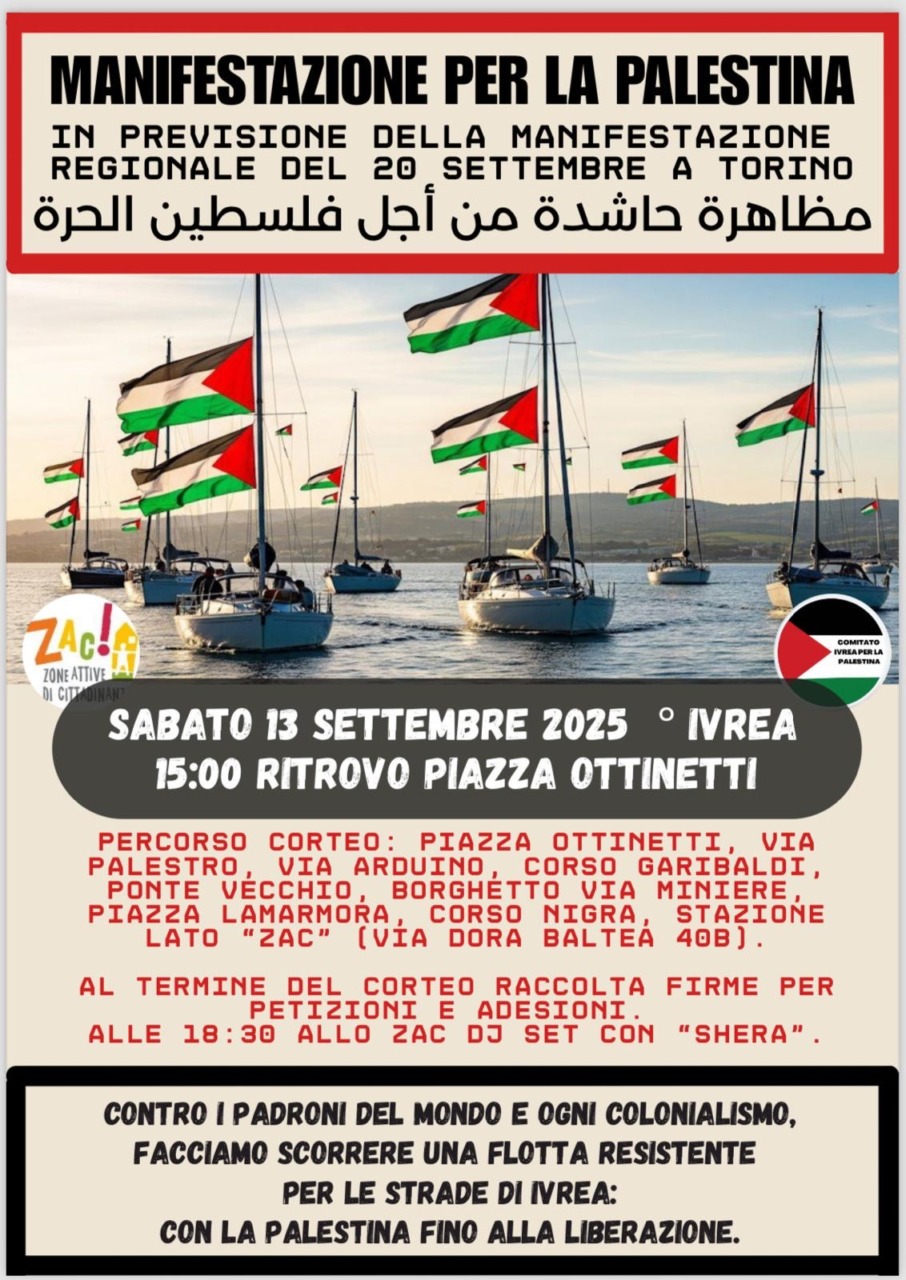 Corteo per la Palestina a Ivrea sabato 13 settembre