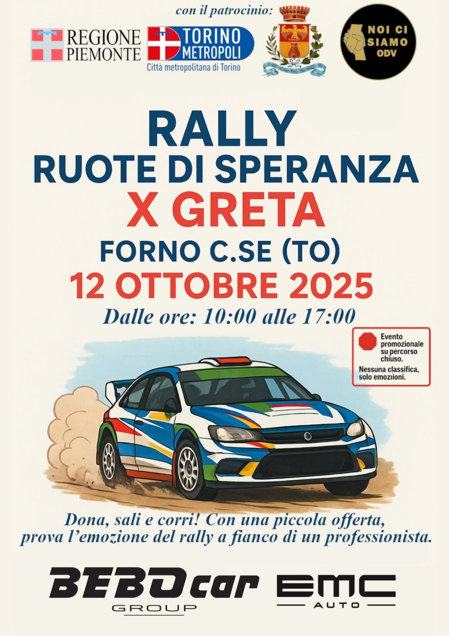 Forno Canavese, “Ruote di Speranza x Greta”: un giro da copilota per aiutare una ragazza con la SMA