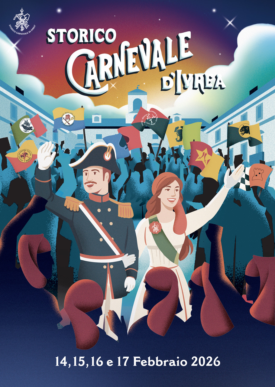 Svelato il manifesto 2026 dello Storico Carnevale di Ivrea: la Vezzosa Mugnaia e il Generale protagonisti