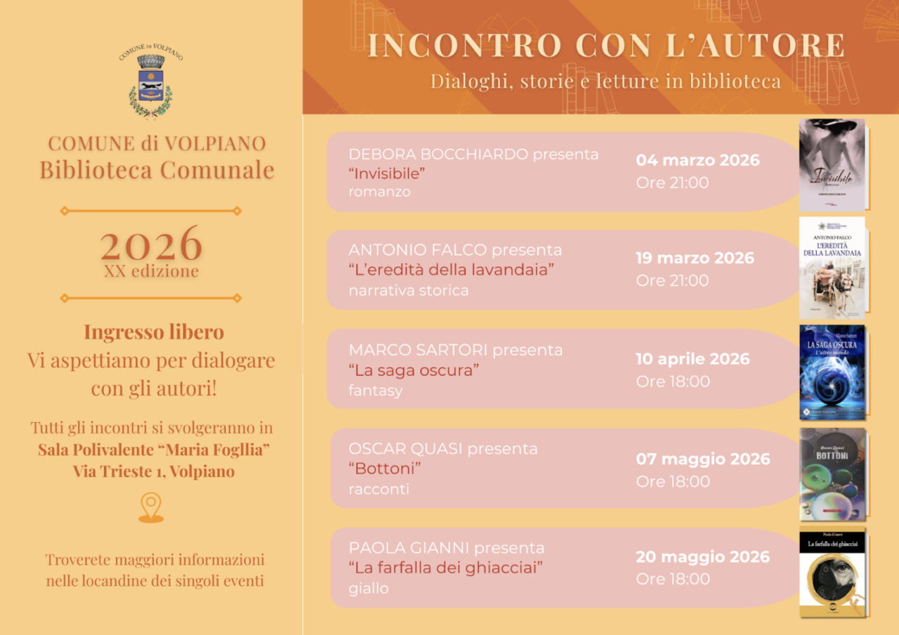 Torna a Volpiano “Incontro con l’autore”: al via la ventesima edizione della rassegna letteraria in biblioteca