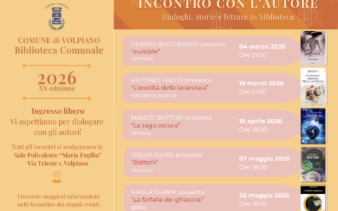 Torna a Volpiano “Incontro con l’autore”: al via la ventesima edizione della rassegna letteraria in biblioteca