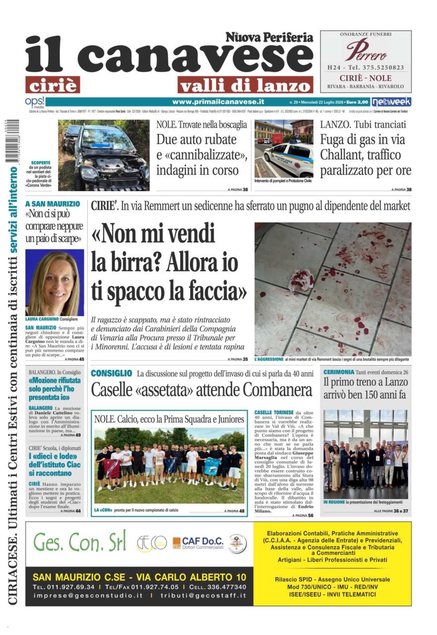 Il Canavese edizione di Ciriè è in edicola oggi, mercoledì 22 luglio