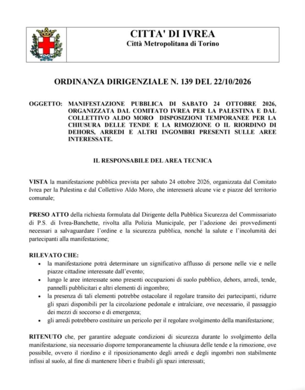 Ordinanza sicurezza per la manifestazione a Ivrea